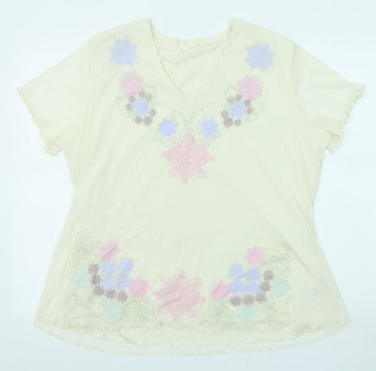 Classic Womens Beige Floral Polyester Basic T-Shirt Size 20 V-Neck