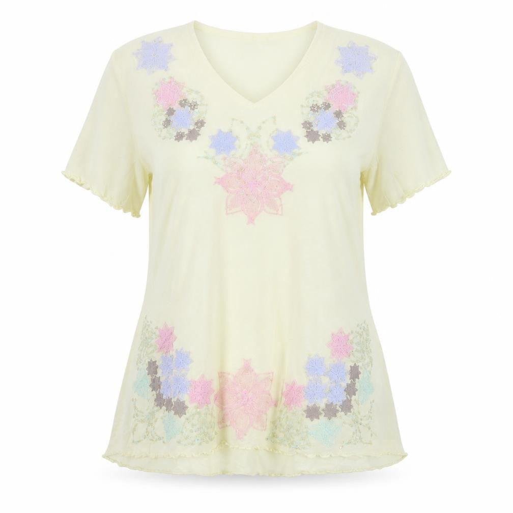 Classic Womens Beige Floral Polyester Basic T-Shirt Size 20 V-Neck