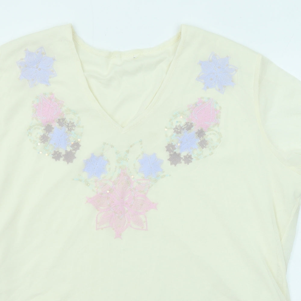 Classic Womens Beige Floral Polyester Basic T-Shirt Size 20 V-Neck