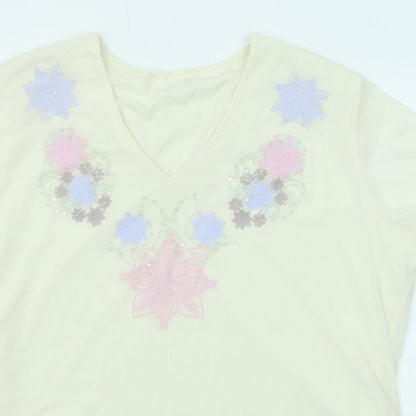 Classics Womens Beige Floral Polyester Basic T-Shirt Size 20 V-Neck