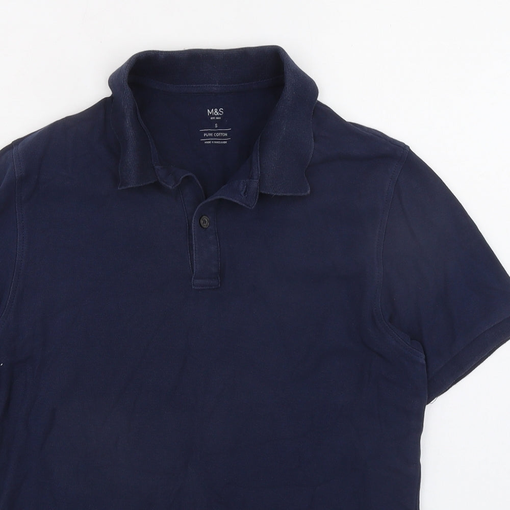 Marks and Spencer Mens Blue Cotton Button-Up Size S Collared Button
