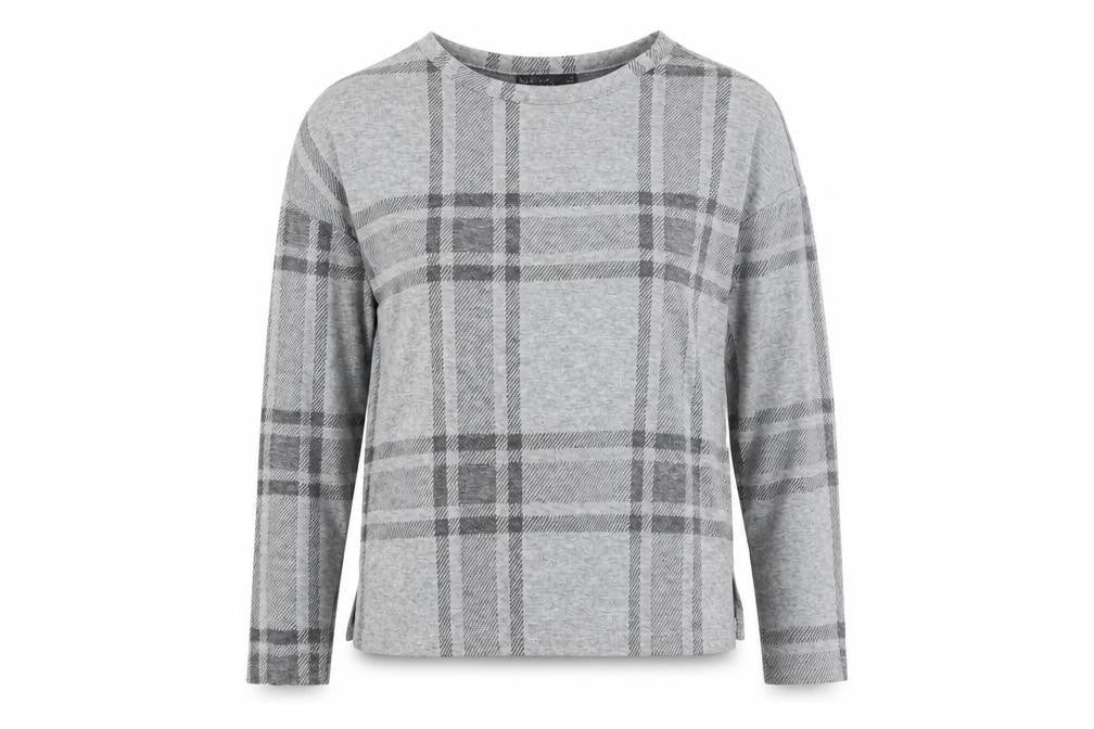 Marks & Spencer Womens Grey Plaid Polyester Basic T-Shirt Size 8 Round Neck