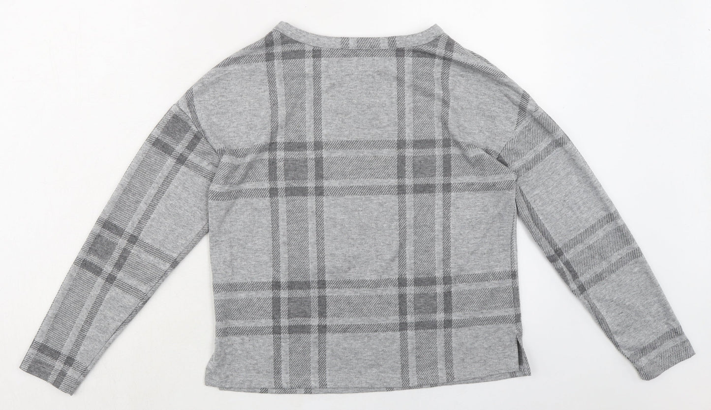 Marks and Spencer Womens Grey Plaid Polyester Basic T-Shirt Size 8 Round Neck