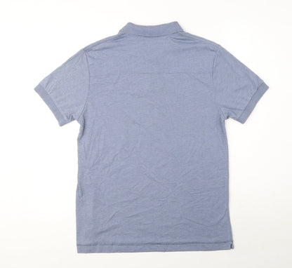 Back view of French Connection men’s blue cotton polo, size M, collared button