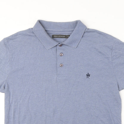 Close-up detail of French Connection men’s blue cotton polo, size M, collared button