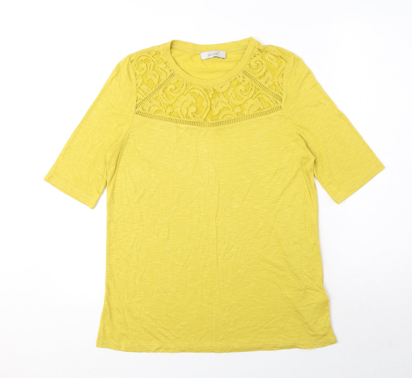 Marks and Spencer Womens Yellow Viscose Basic T-Shirt Size 10 Round Neck - Lace Details