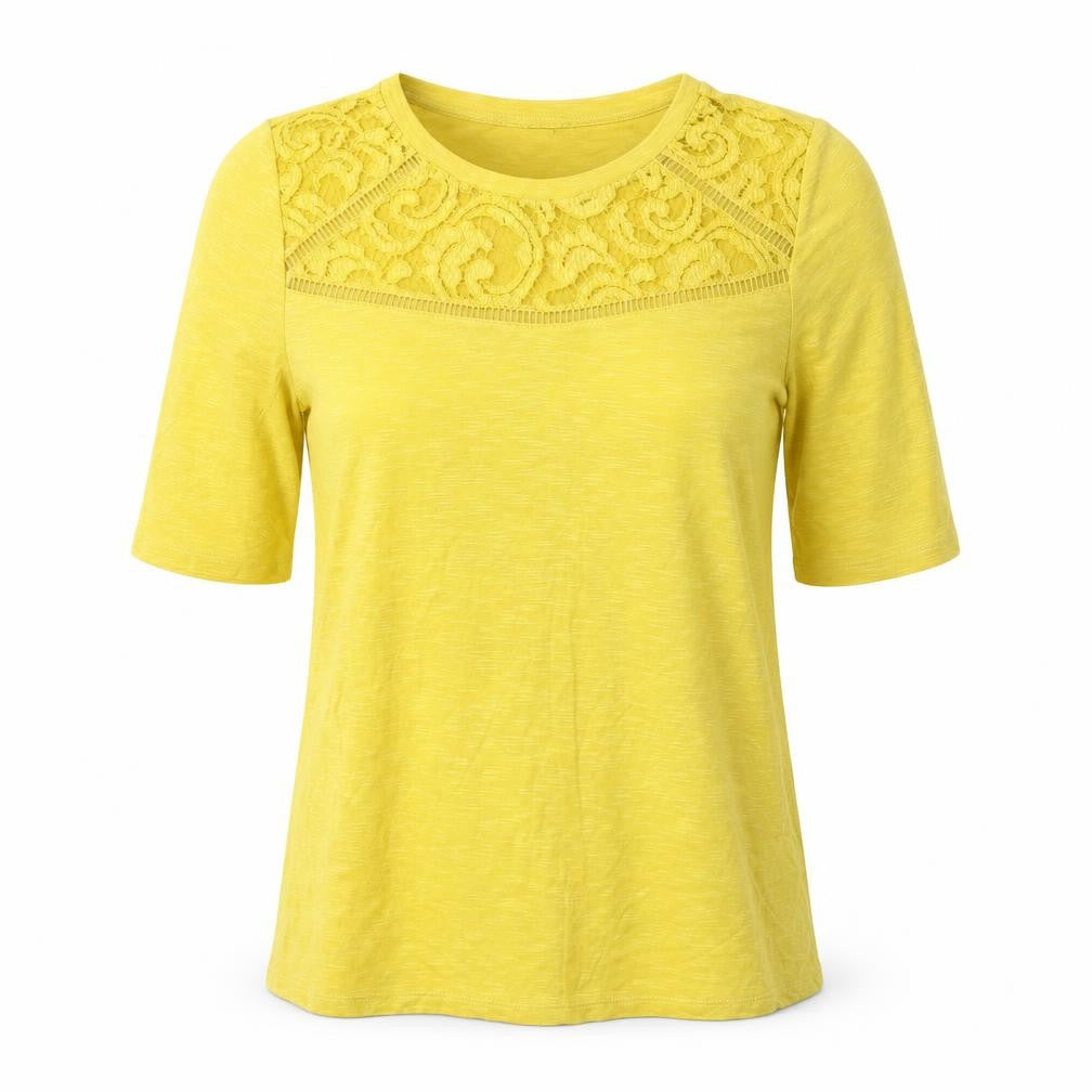 Marks & Spencer Womens Yellow Viscose Basic T-Shirt Size 10 Round Neck - Lace Details