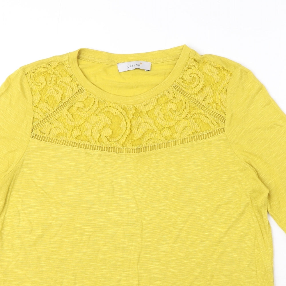 Marks and Spencer Womens Yellow Viscose Basic T-Shirt Size 10 Round Neck - Lace Details