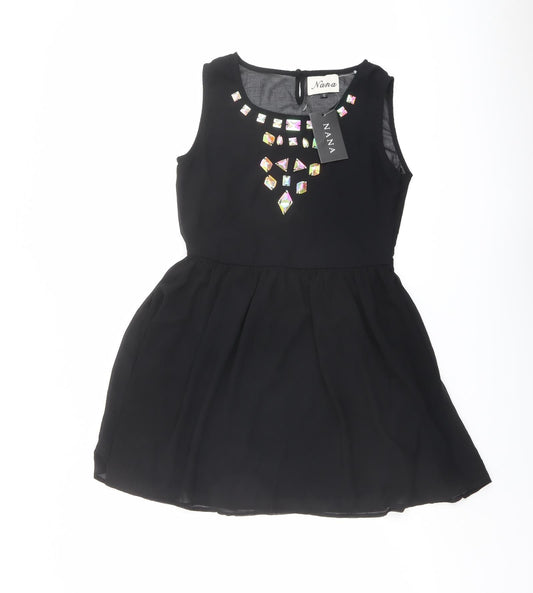 Nana Womens Black Polyester Fit & Flare Size 10 Round Neck Button