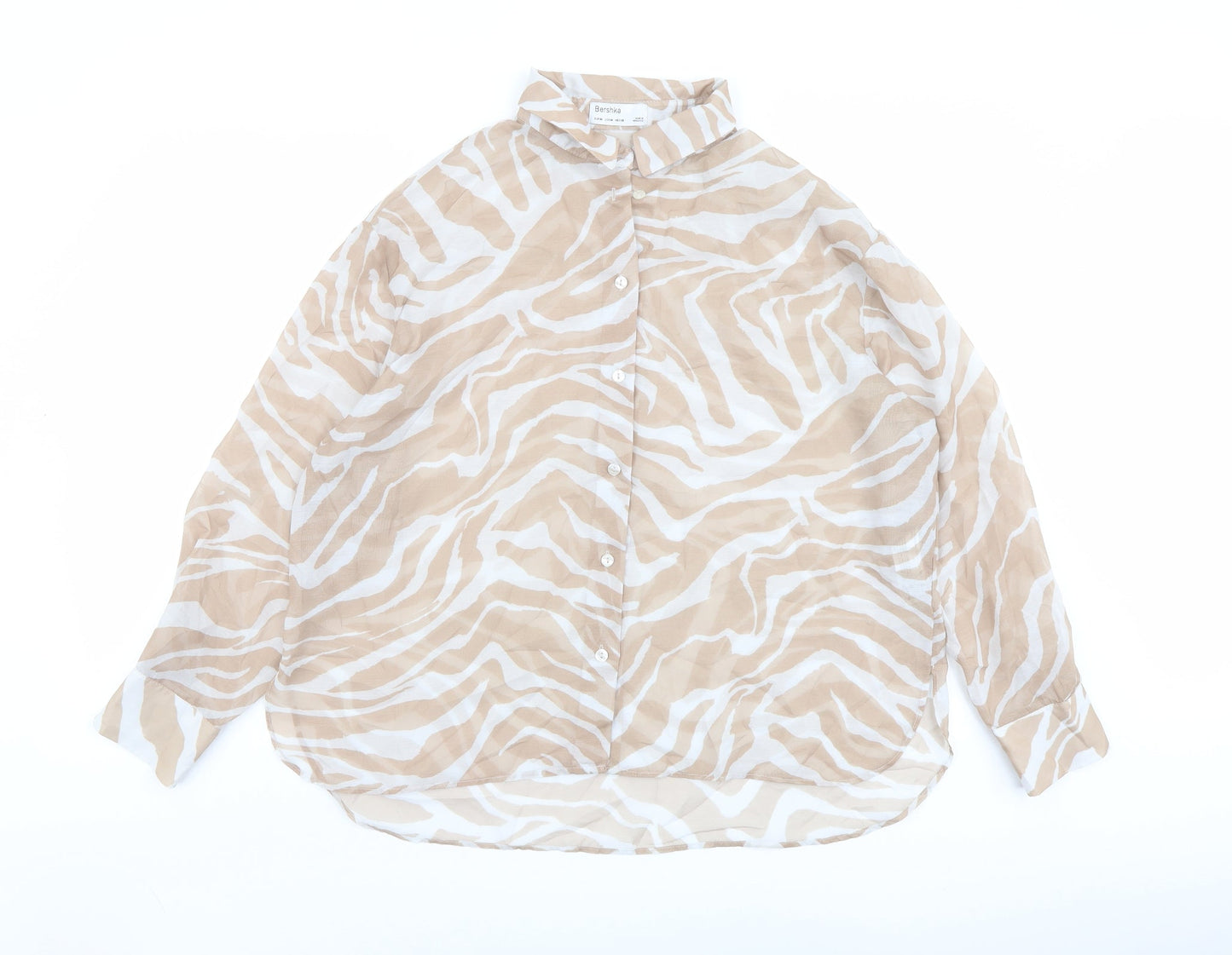 Bershka Womens Beige Animal Print Polyester Basic Button-Up Size M Collared - Tiger Print