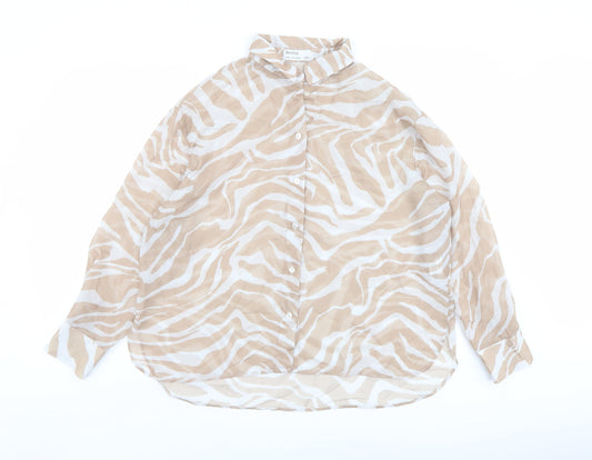 Bershka Womens Beige Animal Print Polyester Basic Button-Up Size M Collared - Tiger Print