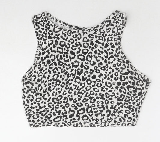 PRETTYLITTLETHING Womens White Animal Print Cotton Cropped Tank Size 10 Round Neck - Leopard Print