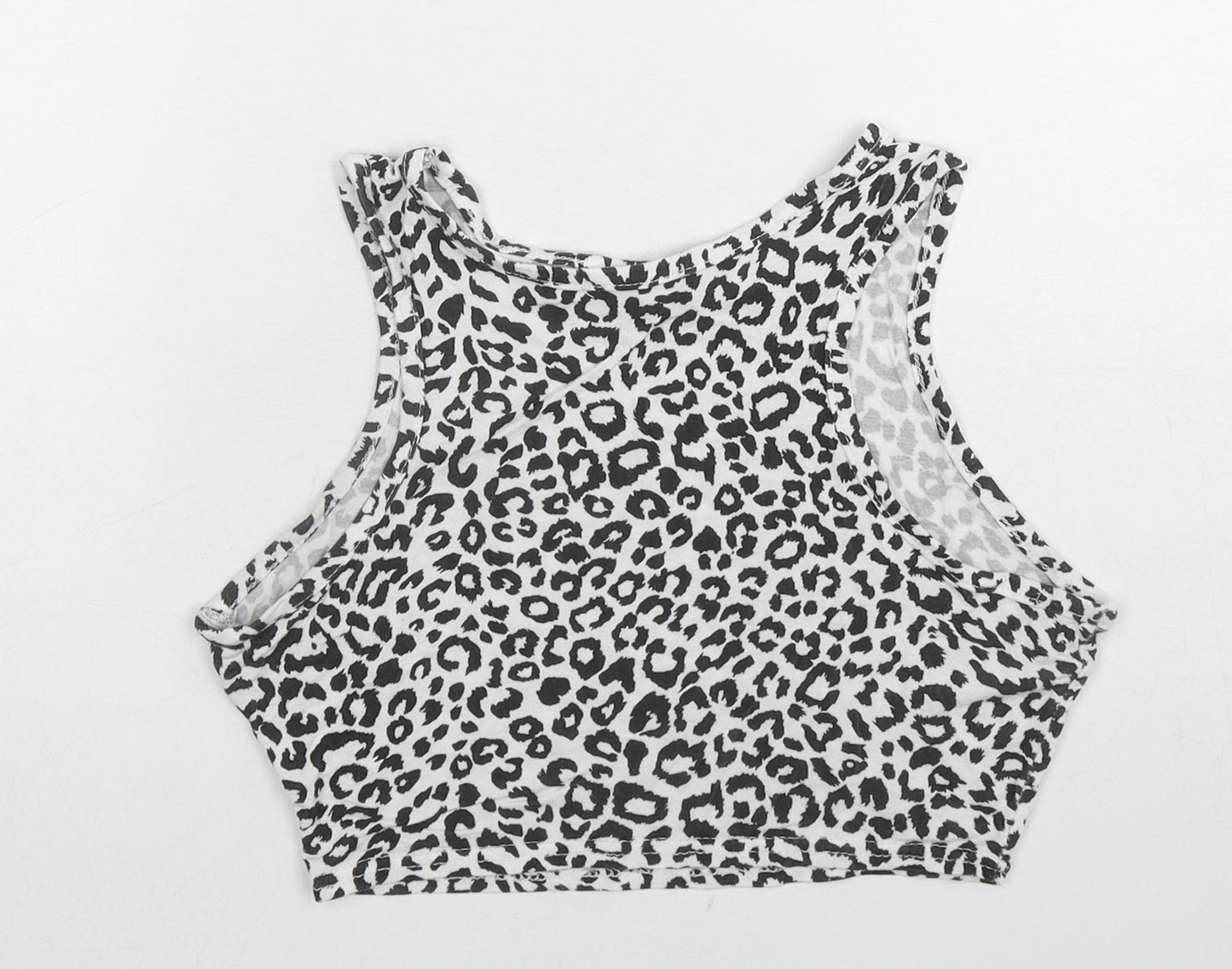 PRETTYLITTLETHING Womens White Animal Print Cotton Cropped Tank Size 10 Round Neck - Leopard Print