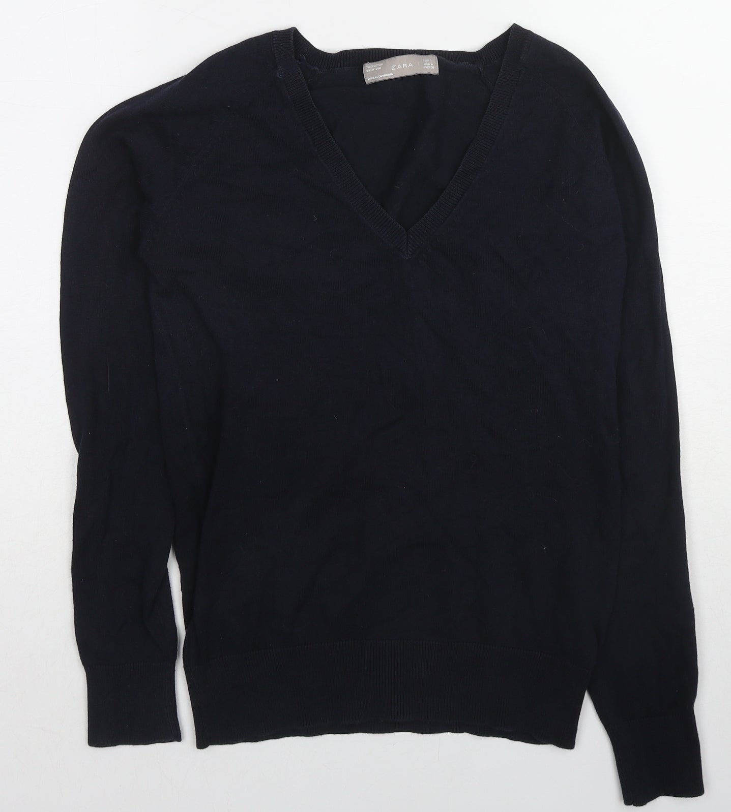Zara Womens Blue V-Neck Cotton Pullover Jumper Size L