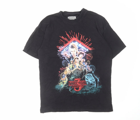 Pull&Bear Mens Black Cotton T-Shirt Size S Round Neck - Stranger Things
