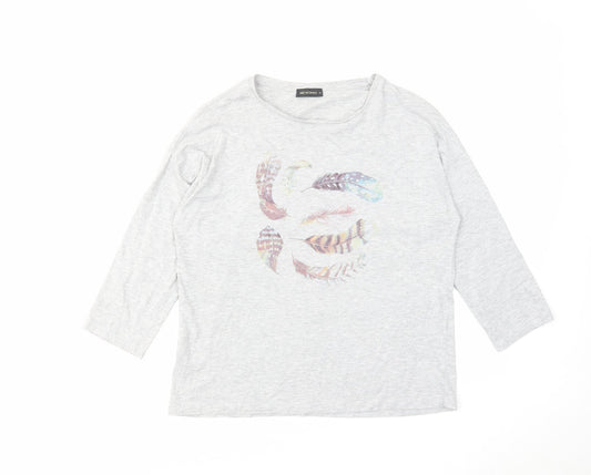 Mo Women Womens Grey Polyester Basic T-Shirt Size M Round Neck - Feathers