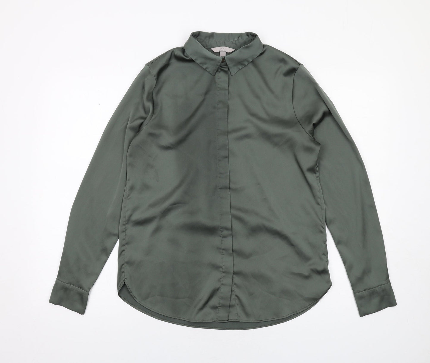 H&M Womens Green Polyester Basic Button-Up Size 8 Collared