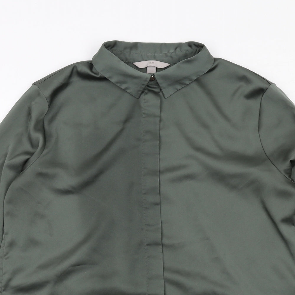H&M Womens Green Polyester Basic Button-Up Size 8 Collared