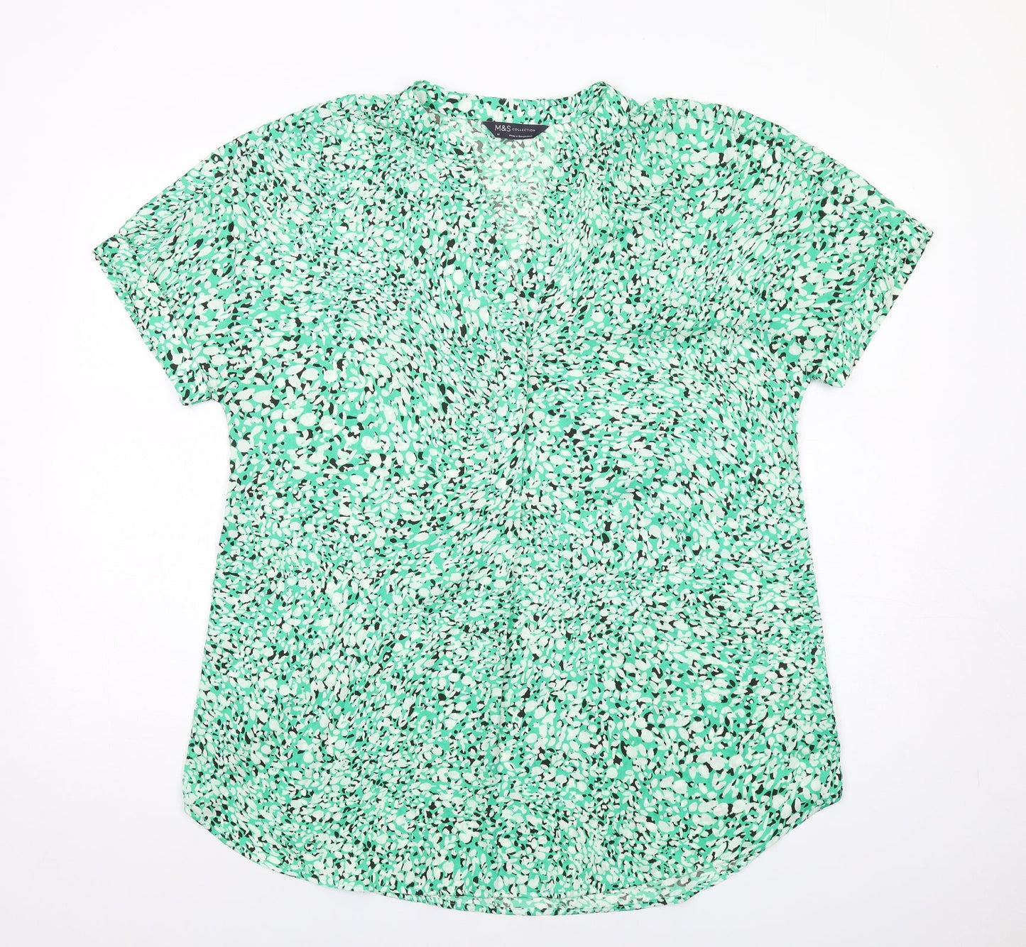 Marks and Spencer Womens Green Animal Print Polyester Basic Button-Up Size 12 V-Neck
