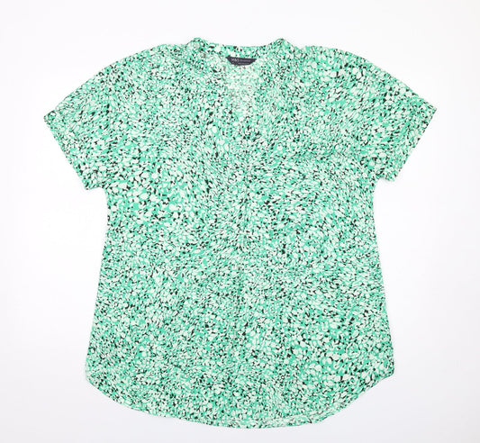 Marks and Spencer Womens Green Animal Print Polyester Basic Button-Up Size 12 V-Neck