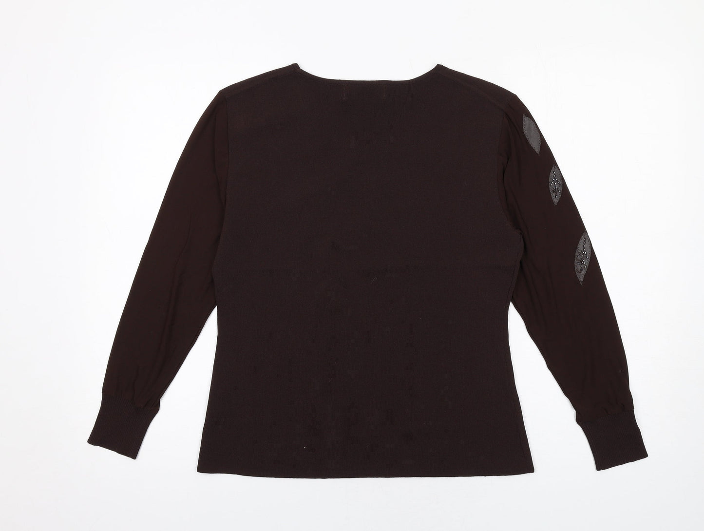 Just Elegance Womens Brown Viscose Basic Blouse Size M Round Neck - Leaf Design