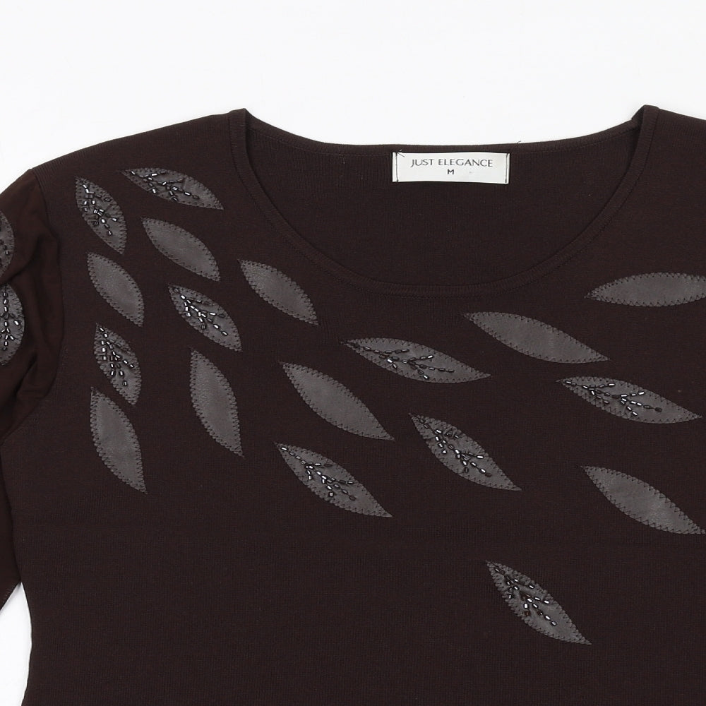Just Elegance Womens Brown Viscose Basic Blouse Size M Round Neck - Leaf Design