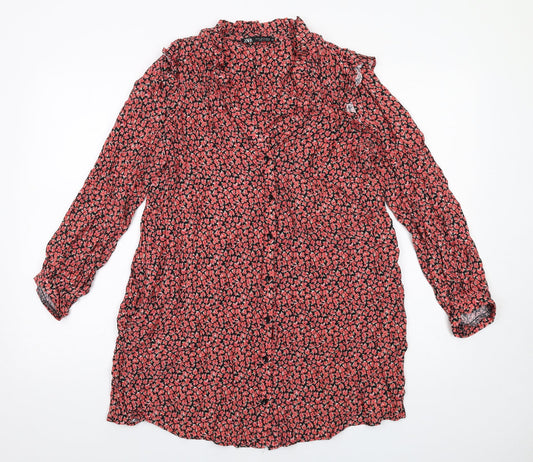 Zara Womens Red Floral Viscose A-Line Size M V-Neck Button