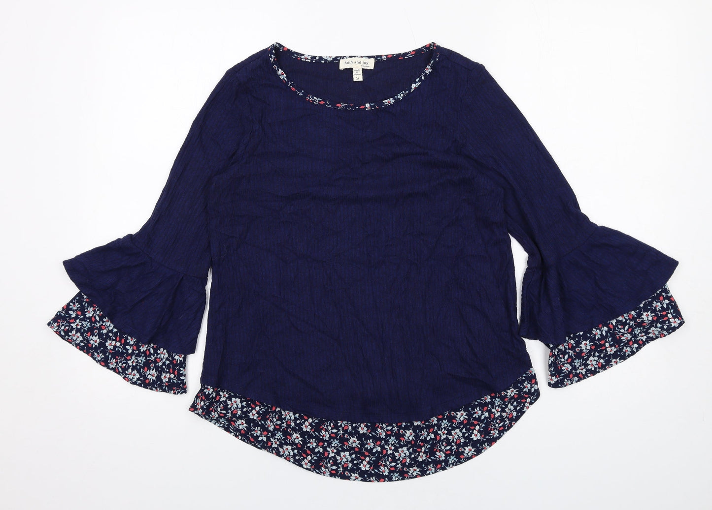 Faith And Joy Womens Blue Viscose Basic Blouse Size S Round Neck