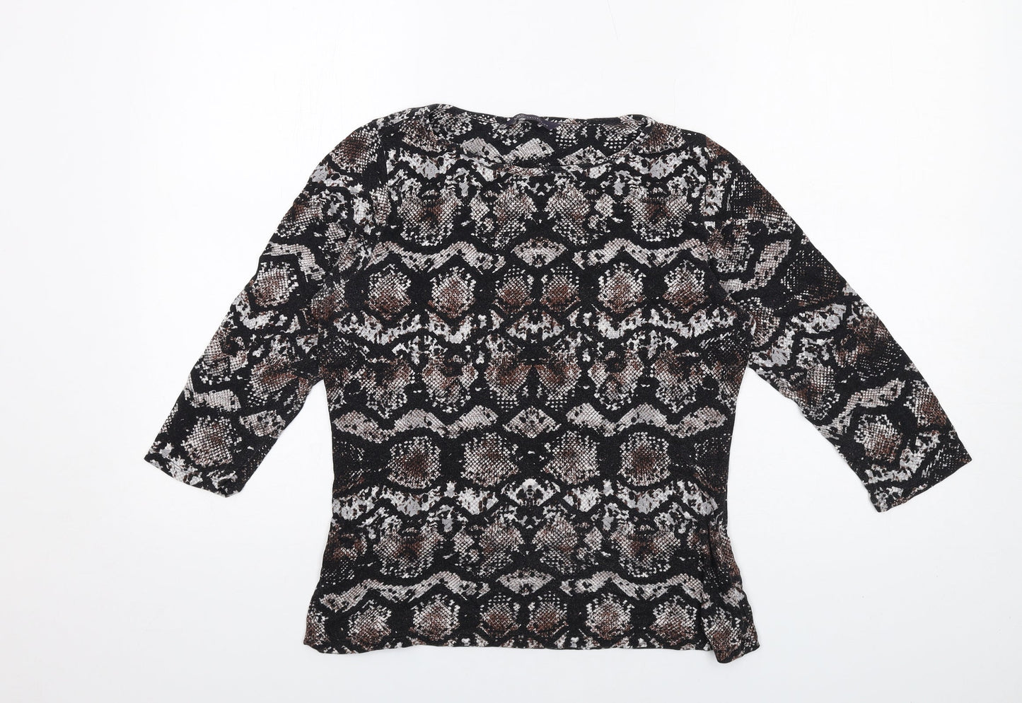 Marks and Spencer Womens Black Animal Print Viscose Basic T-Shirt Size 12 Round Neck - Snakeskin Pattern