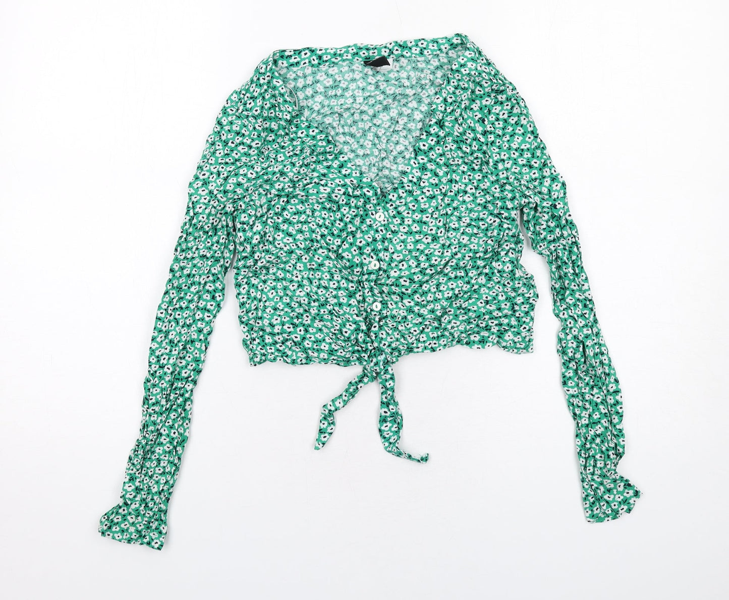 H&M Womens Green Floral Viscose Basic Button-Up Size 10 V-Neck - Knot Front