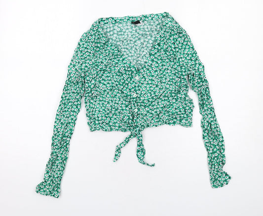 H&M Womens Green Floral Viscose Basic Button-Up Size 10 V-Neck - Knot Front