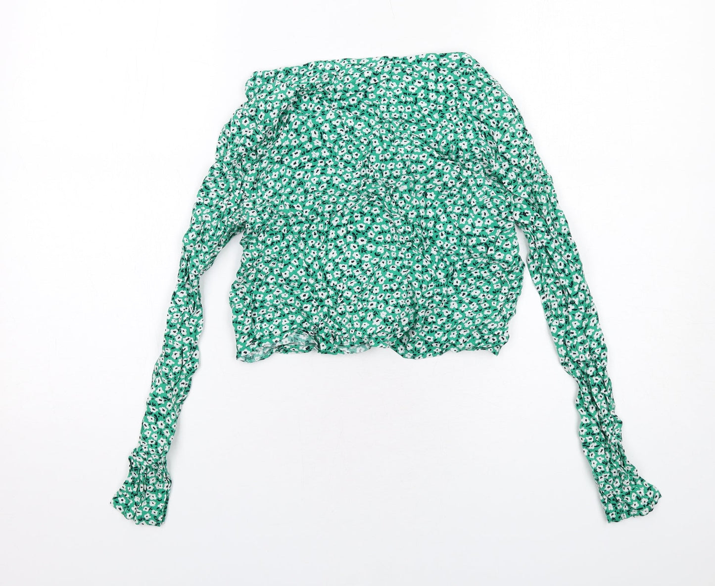 H&M Womens Green Floral Viscose Basic Button-Up Size 10 V-Neck - Knot Front