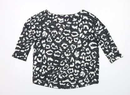 Marks & Spencer Womens Black Animal Print Polyester Basic T-Shirt Size 8 Round Neck - Leopard Print