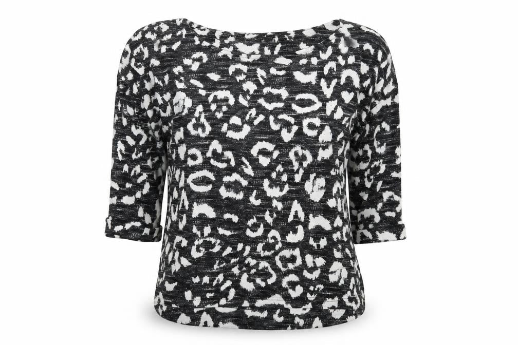 Marks & Spencer Womens Black Animal Print Polyester Basic T-Shirt Size 8 Round Neck - Leopard Print