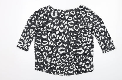 Marks & Spencer Womens Black Animal Print Polyester Basic T-Shirt Size 8 Round Neck - Leopard Print