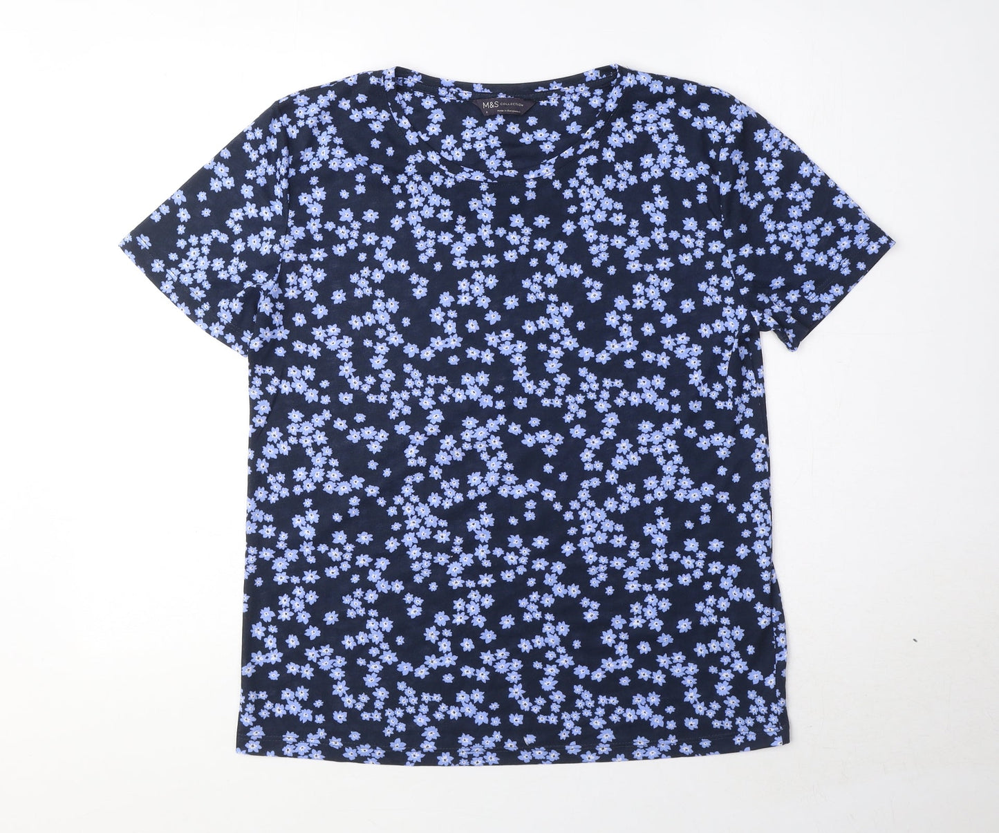 Marks and Spencer Womens Blue Floral Polyester Basic T-Shirt Size 8 Round Neck