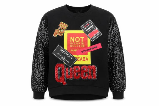 Alkha Womens Black Cotton Pullover Sweatshirt Size S Pullover - Sequin Sleeves Queen Size S-M