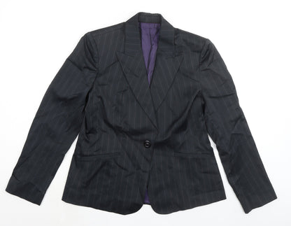 Additional front view of Autograph women’s black striped jacket blazer, size UK 14, button