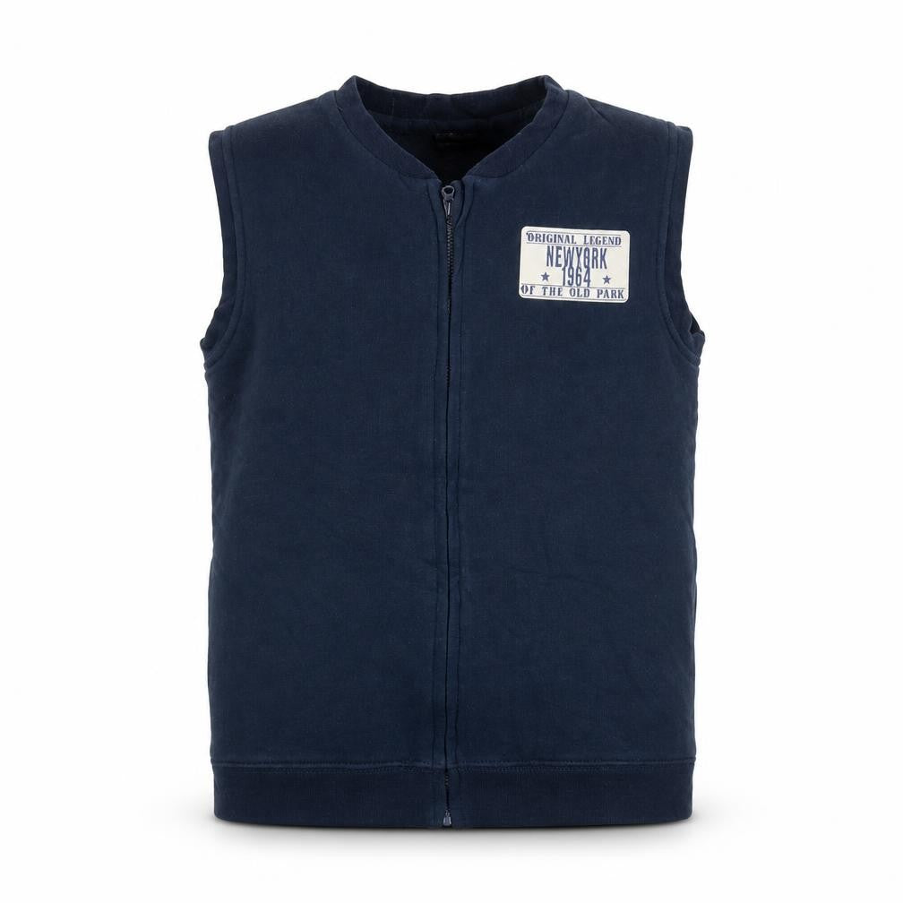 Front view of Vertbaudet boys’ blue gilet jacket, size 10, years zip