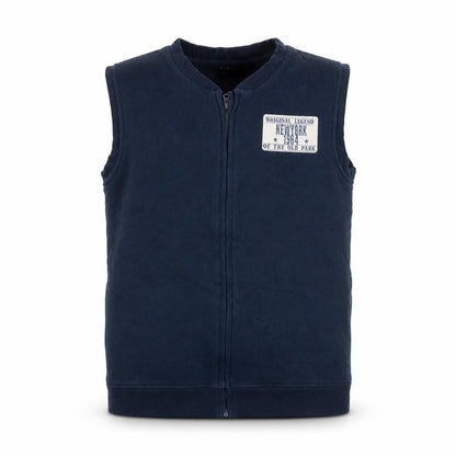 Front view of Vertbaudet boys’ blue gilet jacket, size 10, years zip