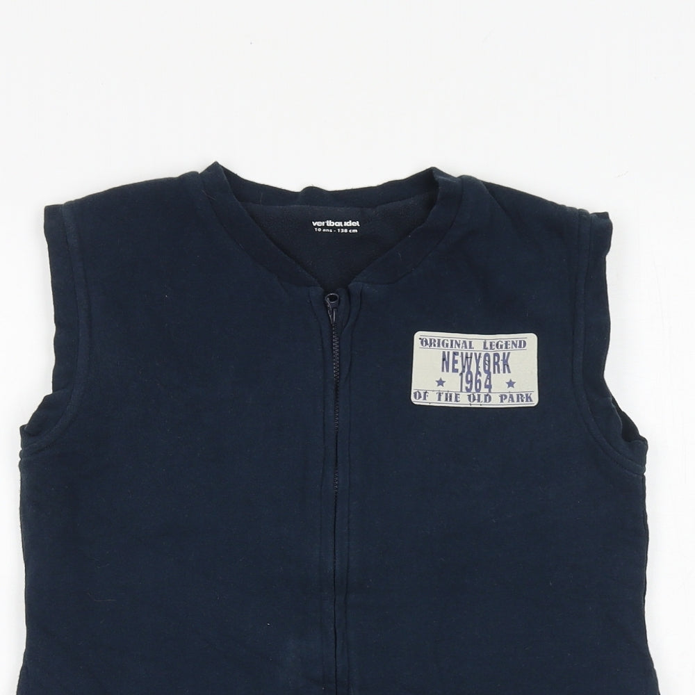 Close-up detail of Vertbaudet boys’ blue gilet jacket, size 10, years zip