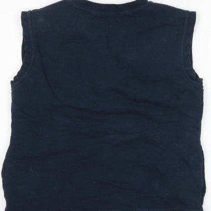Brand and care label for Vertbaudet boys’ blue gilet jacket, size 10, years zip