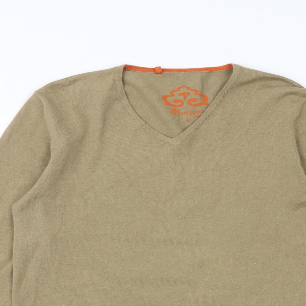 Monsoon Womens Brown V-Neck Cotton Pullover Jumper Size S