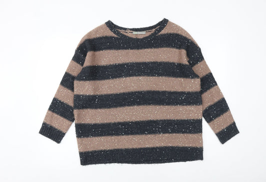 Marks and Spencer Womens Brown Round Neck Striped Acrylic Pullover Jumper Size 14