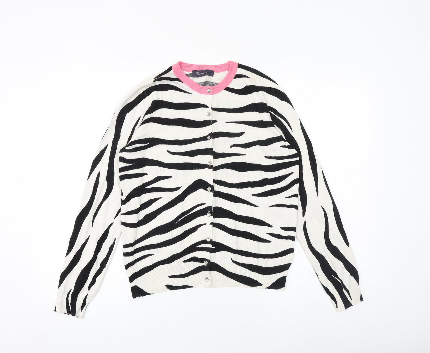 Marks and Spencer Womens Ivory Round Neck Animal Print Viscose Cardigan Jumper Size 14 - Zebra Print