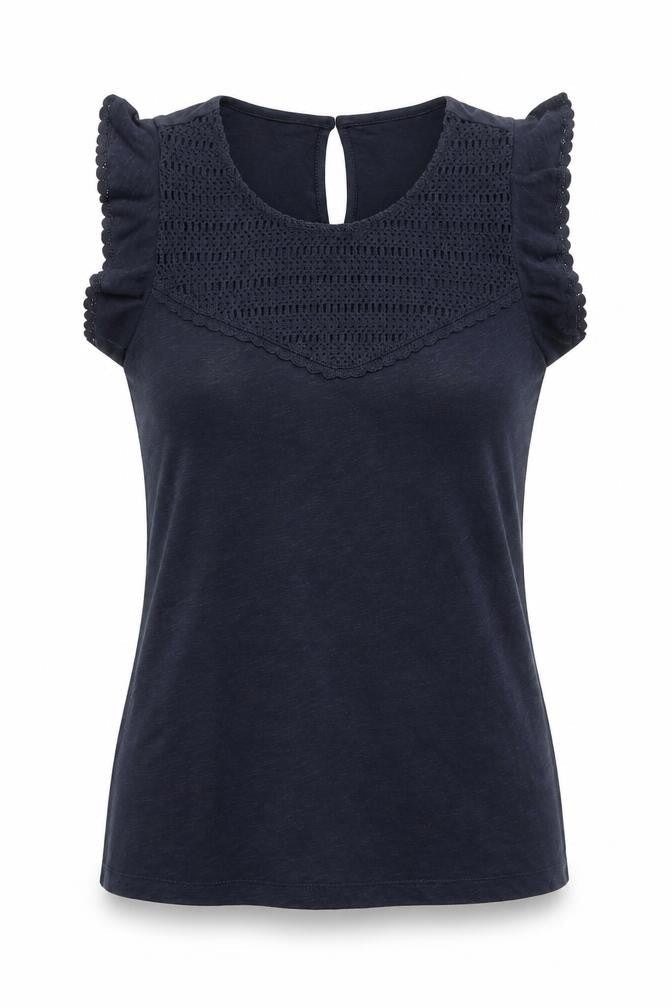 Marks & Spencer Womens Blue 100% Cotton Basic Blouse Size 6 Round Neck - Crochet Detail