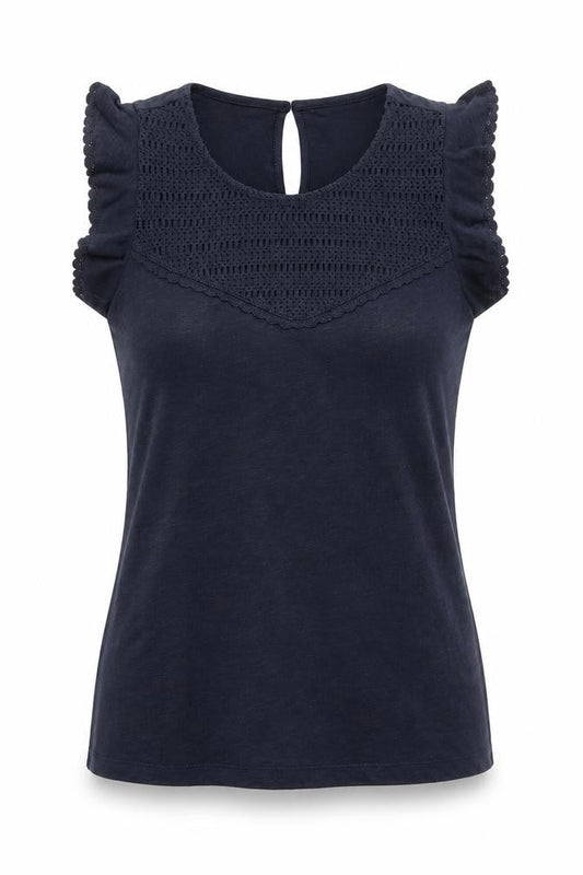 Marks and Spencer Womens Blue 100% Cotton Basic Blouse Size 6 Round Neck - Crochet Detail