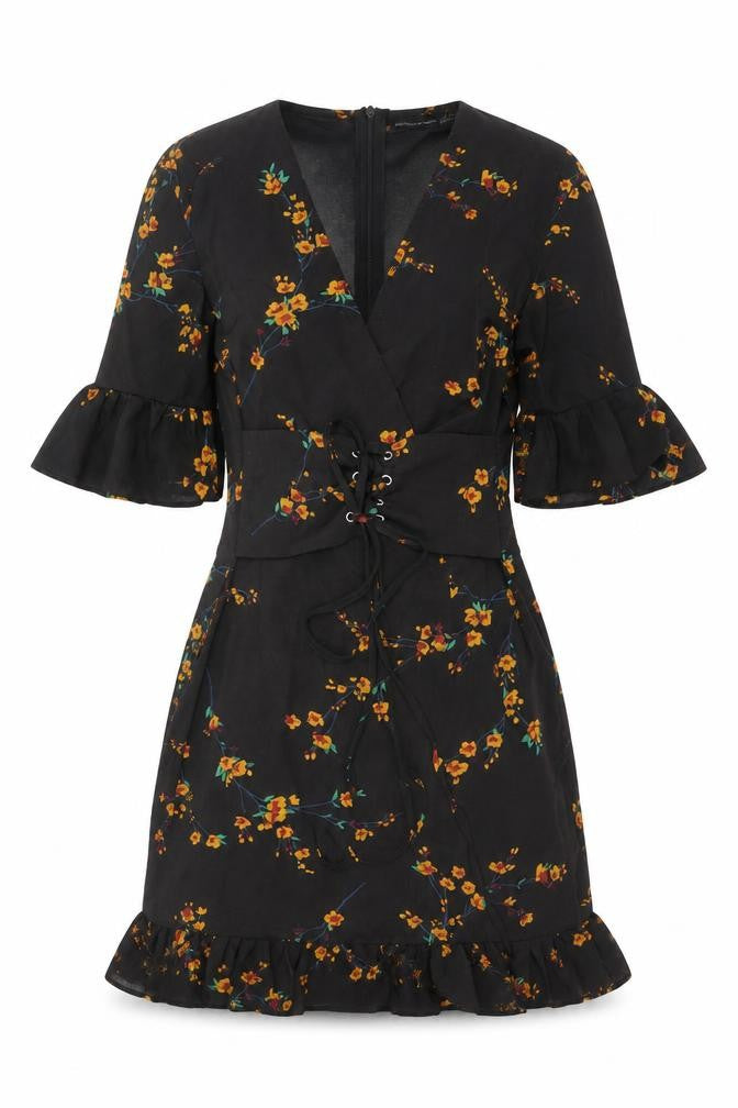 PRETTYLITTLETHING Womens Black Floral Polyester Mini Size 4 V-Neck Zip