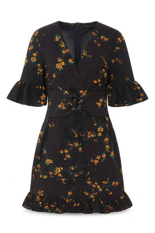PRETTYLITTLETHING Womens Black Floral Polyester Mini Size 4 V-Neck Zip