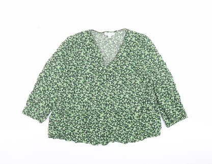 Warehouse Womens Green Floral Viscose Basic Blouse Size 14 V-Neck